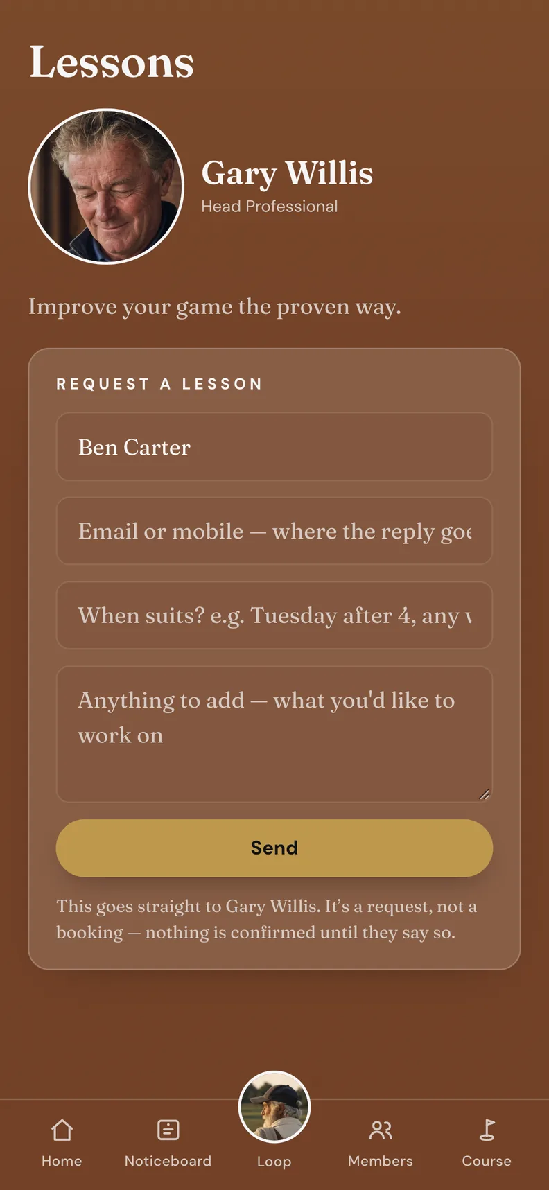Lessons at Glenvale in Looper: Gary Willis, Head Professional, with a Request a lesson form that goes straight to him