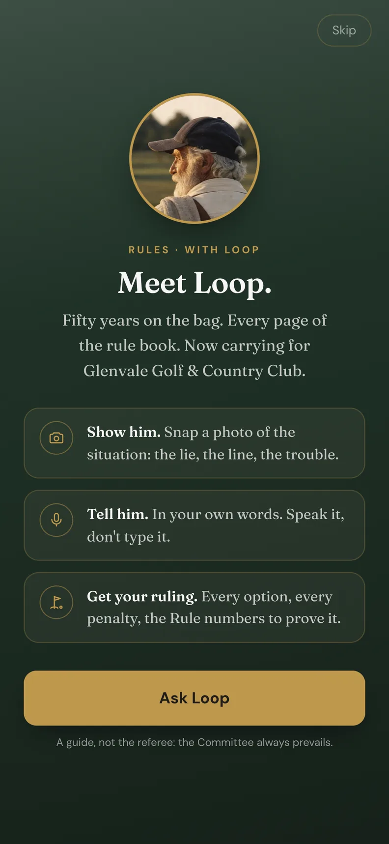 Meet Loop, Glenvale's caddie in Looper: show him a photo, tell him what happened, get your ruling