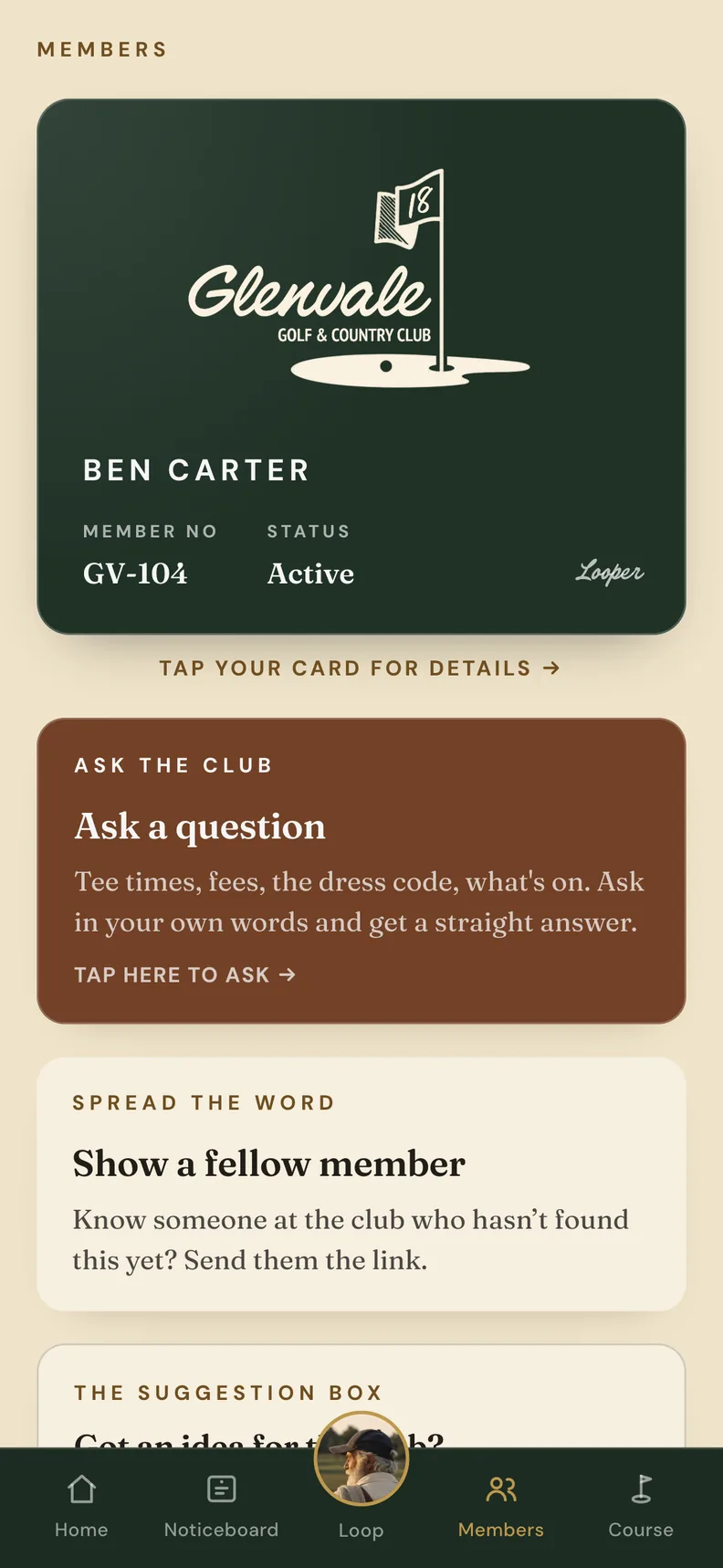 Ben Carter's Glenvale membership card in Looper, member number GV-104, status Active, with Ask the club and Show a fellow member below