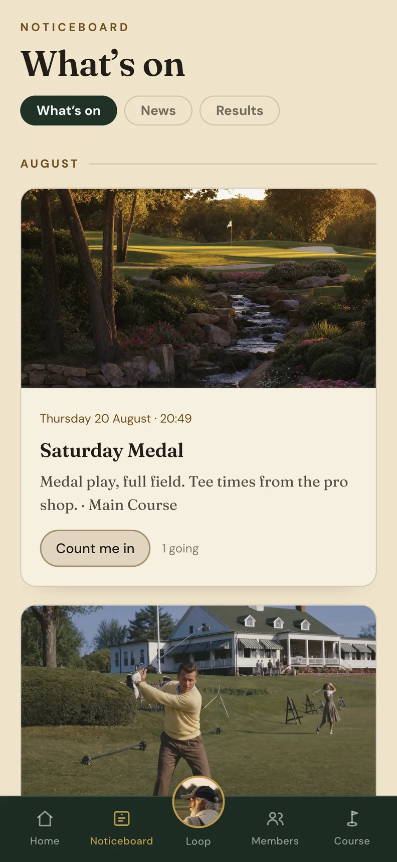 Glenvale's noticeboard in Looper: What's on, with the Saturday Medal and a Count me in button