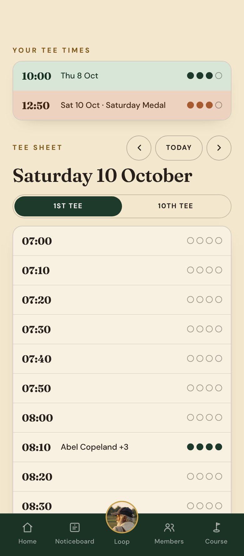 The tee sheet in the members' app: a member's own times and the day's sheet