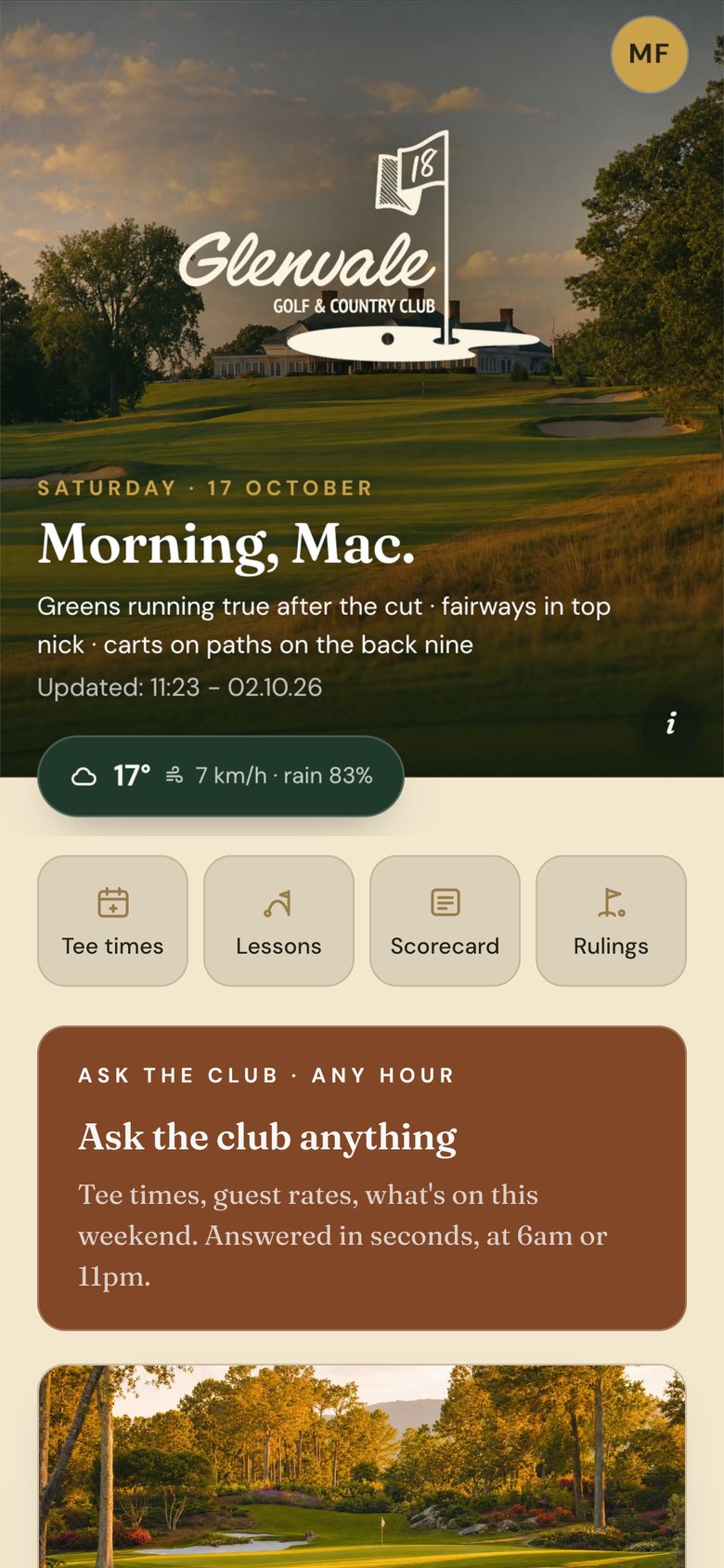 The members' app at Glenvale: the greeting, the course note and the weather