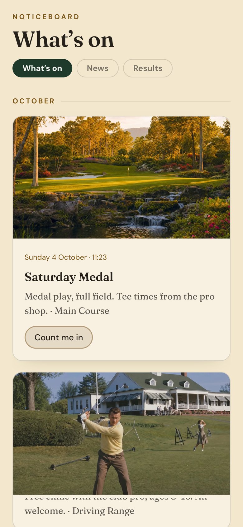 The noticeboard in the members' app, showing what's on